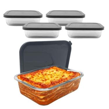 Imagem de Kit 5 Pote De Vidro Com Tampa Hermética Retangular Forno Microondas 26
