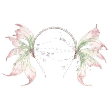Imagem de RENEMEGO Renfaire Fairy Elf Crown - Fairy Headpiece with Pink Green Butterfly Wings Elf Headband Elven Tiara Halloween Renaissance Dress Up Photoshoot Cosplay Fairycore Christmas Accessories