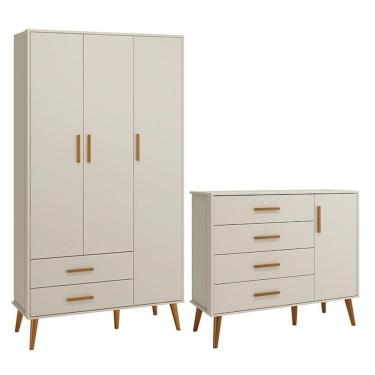 Imagem de Jogo de Quarto Infantil Isis Guarda Roupa 3 Portas e Cômoda 1 Porta Areia - Reller Móveis