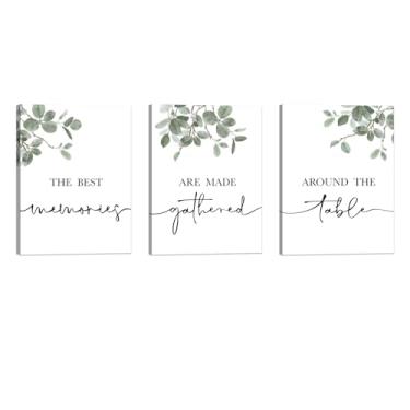 Imagem de Arte de parede The Best Memories Are Made Around The Table: 3 peças de arte de parede de cozinha verde sálvia impressões em tela 30.5 cm x 40.6 cm, decoração de parede botânica de eucalipto para casa