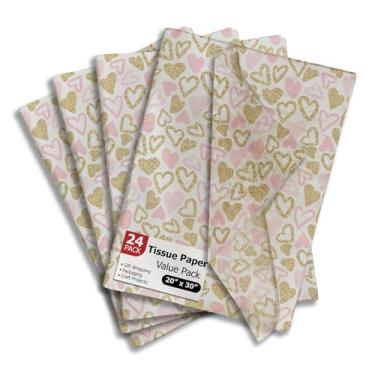 Imagem de Pro Supply Global Papel de seda impresso em corações rosa e dourado para sacolas ou caixas de presente do Dia dos Namorados - Papel de seda decorativo a granel para embalagem e presente | 24 folhas