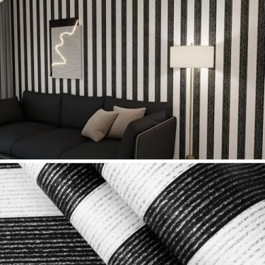 Imagem de Biyoee Papel de parede autoadesivo preto e branco 39,9 cm x 299,7 cm Papel de parede autoadesivo removível à prova d'água para armários, quarto, berçário, parede de destaque