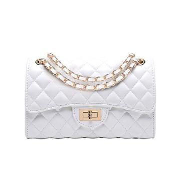 Imagem de Bolsa acolchoada com alça de corrente preta bolsa tiracolo para mulheres couro sintético bolsa de mão, Ouro branco metal e couro médio