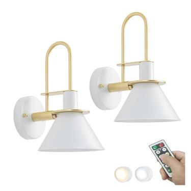 Imagem de Luminária de parede LED Mid Century Modern operada por bateria para quarto Conjunto de 2 lâmpadas de parede recarregáveis Controle remoto LED Industrial Farmhouse Luminária de parede sem fio