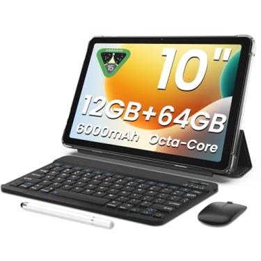 Imagem de Tablet com teclado | 12 GB + armazenamento 64 (expansão para 2 TB), bateria de 6000 mAh | Widevine L1, tablet de 10,1 polegadas com Wi-Fi 5G/2,4 G | BT5.0 | certificado GMS | Mous | capa | Stylus |