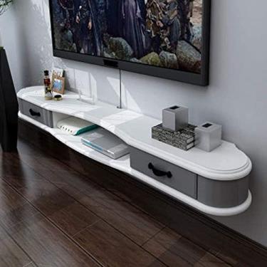 Imagem de Prateleira de TV de madeira de 2 camadas para decoração de casa moderna, console de mídia para pendurar na parede para caixa de cabo, decodificador, decoração de sala de estar em teca