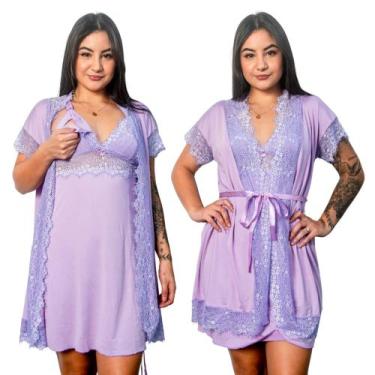 Imagem de Kit Robe Roupão e Camisola Amamentação Gestante Bicolor Pós Parto Luxu