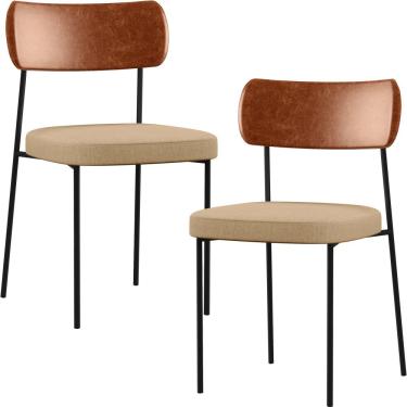 Imagem de Kit 02 Cadeiras Estofadas Para Sala De Jantar Melina L02 Couríssimo Camel Linho Bege Escuro - Lyam Decor