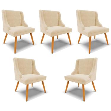 Imagem de Kit 5 Cadeiras Decorativas Sala de Jantar Pés Palito de Madeira Firenze Suede Bege/Natural G19 - Gran Belo