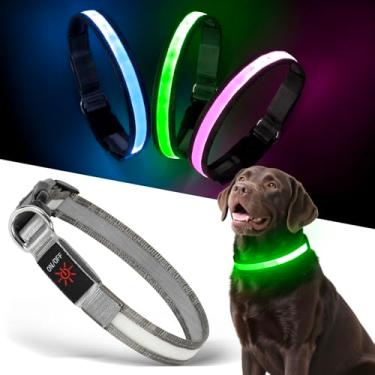 Imagem de Coleira de cachorro iluminada, recarregável por USB, coleira de cachorro multicolorida, para caminhadas noturnas, coleira que brilha no escuro para gatos e cachorros, segurança noturna (grande)