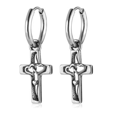Imagem de HZMAN Brincos de argola de aço inoxidável para mulheres, retrô, amor, coração, cruz