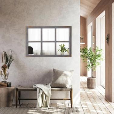 Imagem de Sintosin Espelho de vidraça de fazenda 61 x 91 cm, moldura de madeira envelhecida retangular espelho cinza, espelhos de janela cinza rústico para decoração de parede sala de estar corredor cozinha