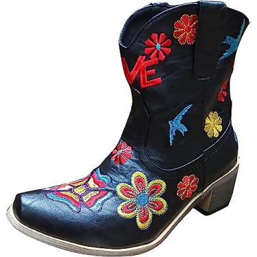 Imagem de Botas femininas de caubói ocidental bordadas, botas de cano baixo, retrô, colorida, flor quadrada, sem fecho, botas grossas de salto médio, Preto, 38 BR