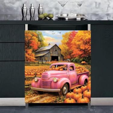Imagem de Capa magnética para lava-louças Fall Pumpkins, painel frontal de casa de fazenda, adesivo magnético de vinil de geladeira de caminhão rosa para decalque de decoração de cozinha, 58 cm L x 66 cm A