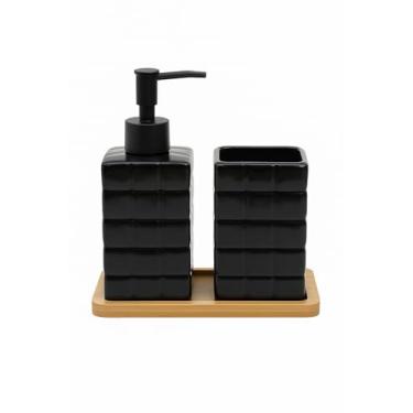Imagem de Conjunto de Dispenser de Sabonete Líquido e Porta Escova de Dentes com Bandeja de Bambu, Texturizado (Preto)