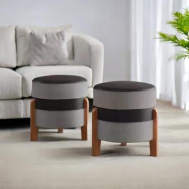 Imagem de Kit Puff Apolo Linho pés madeira 2unidades banco banqueta (CINZA/PRETO)