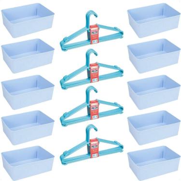 Imagem de Kit 10 Cestos Multiuso E 20 Cabides Infantil Reforçado Azul