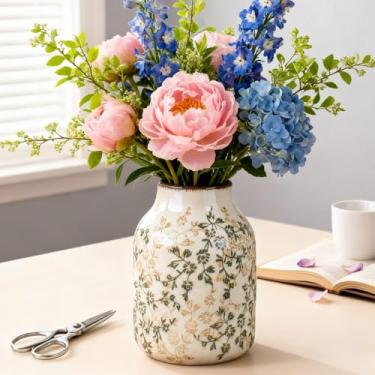 Imagem de Fitous Vaso de vinatge verde, vaso de flores rústico de cerâmica de fazenda, vasos de chinoiserie antigos, vasos grandes decorativos rachados com gelo para decoração de casa, mesa de sala de jantar