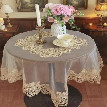 Imagem de Toalha de mesa quadrada pequena de renda bordada em ouro toalha de mesa vintage estilo francês toalha de mesa com macramê elegante capa de mesa chique para casamento, decoração de casa, aniversário