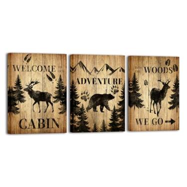 Imagem de RnnJoile Decoração de cabine rústica veado urso alce arte de parede marrom floresta floresta imagens de animais pintura para casa de fazenda sala de estar quarto banheiro emoldurado 30 x 40 cm cada
