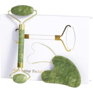 Imagem de Conjunto de rolos Jade Gua Sha, massageador facial firmador para antienvelhecimento, adequado para rosto, escultura da mandíbula e cuidados com a pele