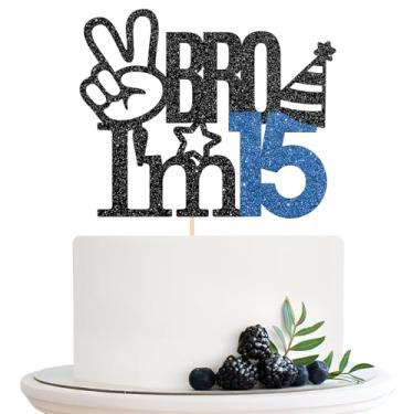Imagem de Topo de bolo Bro I'm 15, topo de bolo de aniversário de 15 anos, artigos de decoração de festa de aniversário de 15 anos Big Brother - Glitter preto