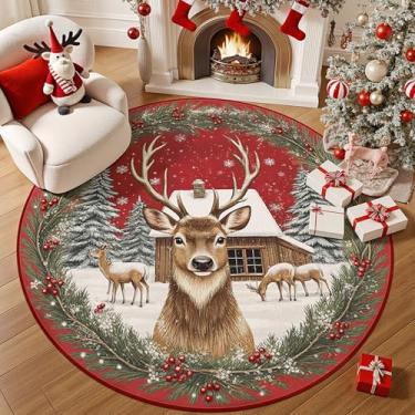 Imagem de Merry Christmas Alce Tapete redondo Feliz Ano Novo Tapete circular 1,2 m Lavável na máquina Tapete de área de sala de estar Tapete antiderrapante de lã sintética para decoração de cozinha, quarto