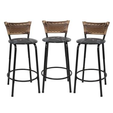 Imagem de Kit com 3 Banquetas 60cm Estrutura Preta Encosto Cappuccino Ideal Para Balcão Ilha Bancada Área de Lazer Cozinha Gourmet Bar Lanchonete Piscina (Assento Floral Preto)