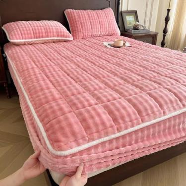 Imagem de Capa de colchão fácil de cuidar, respirável, respirável, protetor acolchoado de pelúcia macia com faixas elásticas, cor sólida - rosa ||120 x 200 cm