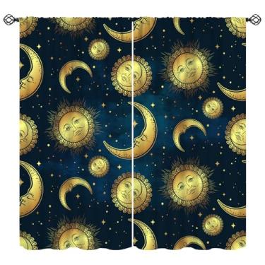 Imagem de Cortina Boho Sol Lua, Galáxia Celestial Dourada Design Zodíaco Divertido Azul-marinho Estrelas Céu Estrelado Cortina de Janela para Quarto de Crianças Sala de Estar 106,7 cm L x 114,3 cm C (sem apagão