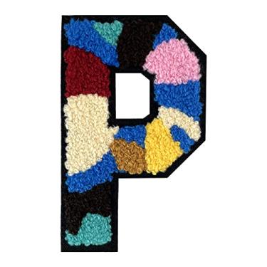 Imagem de 1 peça 11,4 cm colorido camuflagem chenille remendo com borda preta Camuflagem divertida ferro em letras para jaquetas e mochilas, adesivos modernos do alfabeto para bricolage, moda e presentes (P)