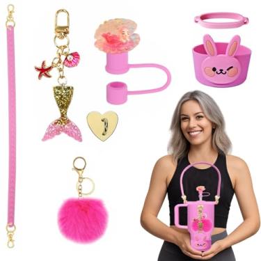 Imagem de Conjunto de 7 peças de acessórios para garrafa de água rosa vermelha com alça ajustável, bota de silicone, enfeite de palha, pingentes fofos serve para copo Stanley, copo Yeti, garrafa Owala, copo