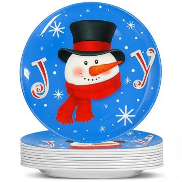 Imagem de Rtteri 6 pratos de jantar de Natal, bandejas de melamina de 25,4 cm, pratos de sobremesa redondos, suprimentos de sobremesa reutilizáveis para festa de aniversário de Natal (azul, boneco de neve)