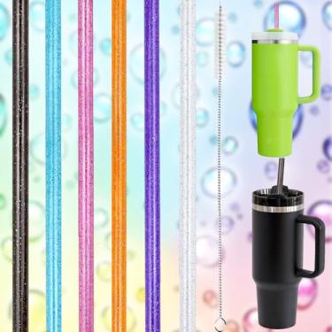 Imagem de 6 canudos coloridos com glitter para Stanley Canudos reutilizáveis de substituição de 1,2 l e 850 g com 1 escova de limpeza ideal para canecas de viagem, garrafas esportivas e presentes