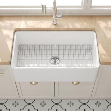 Imagem de Pia de cozinha DeerValley Farmhouse 83 cm, pia de cozinha refractária branca, avental frontal, tigela única grande e profunda com grade inferior e coador