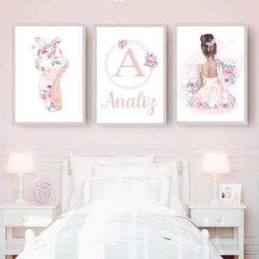 Imagem de 03 Quadros Decorativos Infantil Bailarina Baby com Moldura  Quarto de 