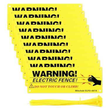 Imagem de Mikzhskr Sinais de aviso de cerca elétrica com laços de zíper 25,5 x 8,5 cm plástico amarelo cerca elétrica sinais de segurança sinal de aviso de perigo placa de cerca elétrica casa de fazenda