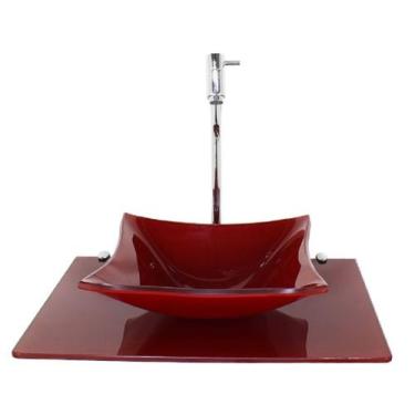 Imagem de Kit cuba de vidro quadrada 10mm com tampo 50cm vermelho cereja full e 