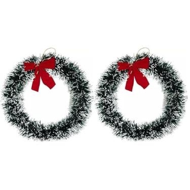 Imagem de Guirlanda de Natal 25cm para Porta com Laço Vermelho – Festão Nevada Verde Enfeite Natalino Decorativo (Festão Nevada Verde 2 Peças)