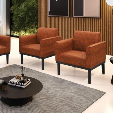 Imagem de Kit 2 Poltronas Decorativas Pés Fixo Em Madeira Preto Pu Nozes