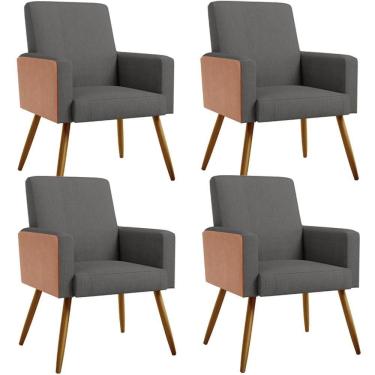 Imagem de Kit 04 Poltronas Pés Palito Linho Cinza Escuro Camel