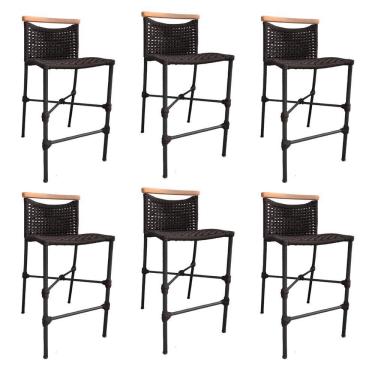 Imagem de Kit 6 Banquetas Em Corda Náutica Base Em Alumínio Preta Com Detalhe Em Madeira Marrom Marrom