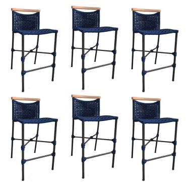 Imagem de Kit 6 Banquetas Em Corda Náutica Base Em Alumínio Preta Com Detalhe Em Madeira Azul Marinho Azul