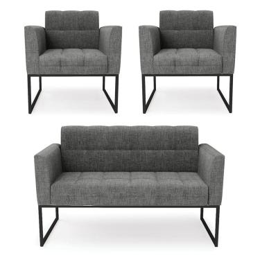 Imagem de Kit 1 Sofá Namoradeira E 2 Poltronas Linho Grafite A26 Base Metálica Industrial Preto - D'rossi