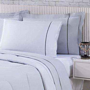Imagem de Kit Edredom 100% Algodão Percal 150 Fios Dupla Face Solteiro + Jogo De Cama 5 Peças - Cinza-branco