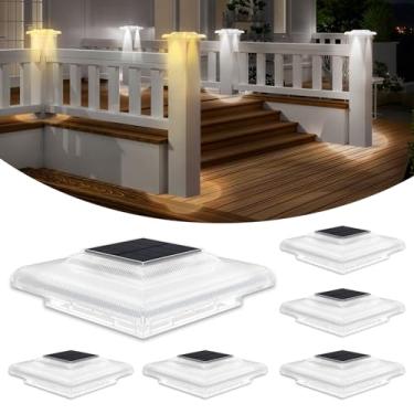 Imagem de T-SUN Pacote com 6 lâmpadas solares para madeira e vinil 4 x 4 IP65 à prova d'água ao ar livre quente/branco frio (3000/6000K) iluminação solar para deck/pátio/varanda/jardim/cerca