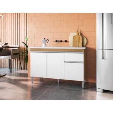 Imagem de Balcão Gabinete de Pia Tatiane 120cm Amêndoa/Branco S/Tampo 3 Portas 1 Gaveta