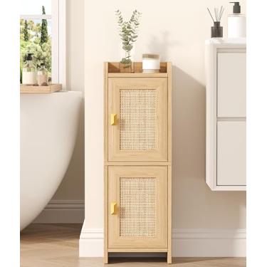 Imagem de Akxomel Armário de banheiro pequeno de vime com 2 portas, armário estreito de armazenamento de papel higiênico, organizador de banheiro para espaços pequenos, unidade de piso de canto fino de madeira