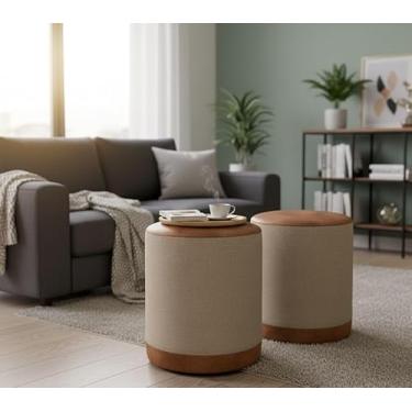 Imagem de Kit Puff Banqueta Redondo Linho Com Couro 42x34x34 Oreon Luxo Decorativo Retro Vintage Casa Jd Móveis (BEGE COURO MARROM)