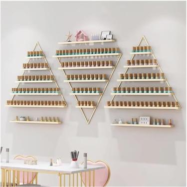 Imagem de LXSEHN Rack de esmalte de metal montado na parede, 6 conjuntos de prateleiras triangulares de cosméticos, organizador de prateleira de garrafas de óleo essencial, suporte de perfume de batom dourado